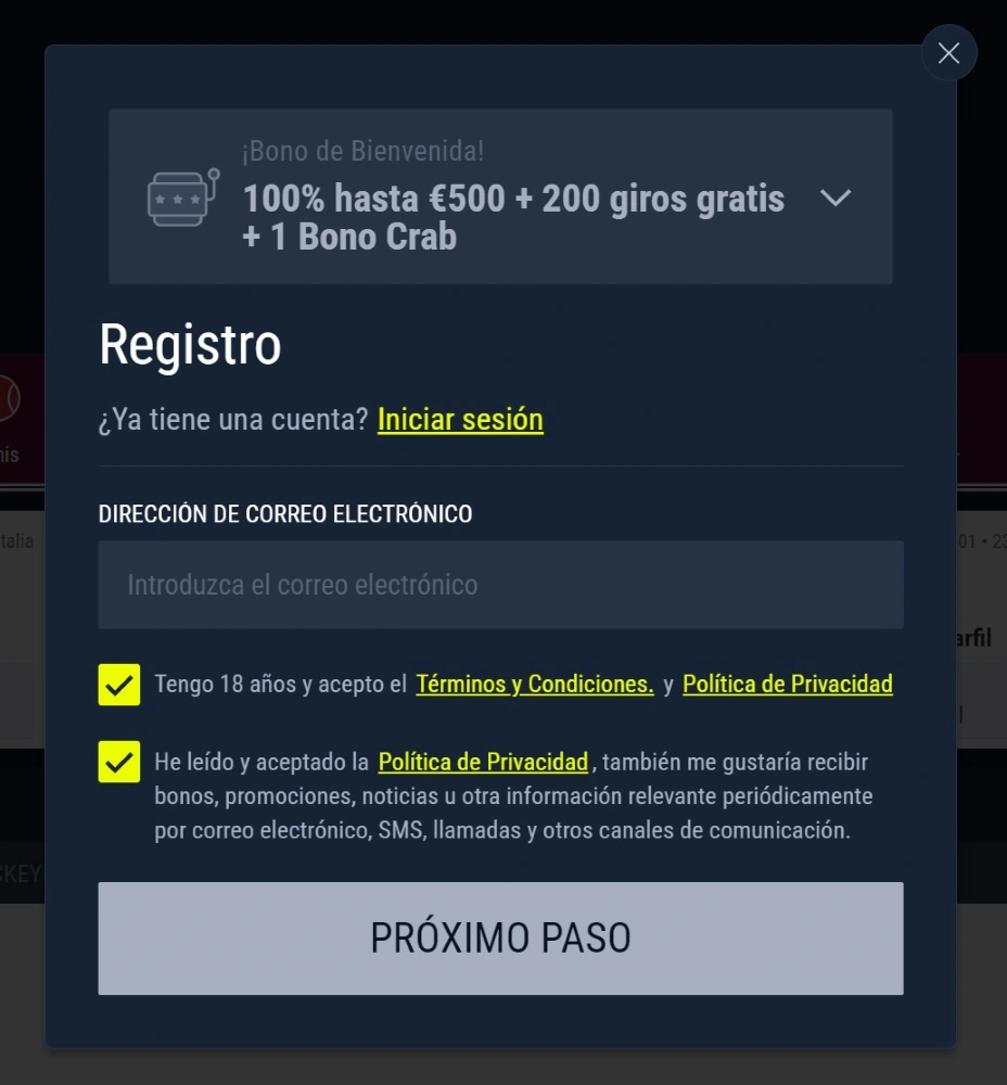 Proceso de registro en Rabona